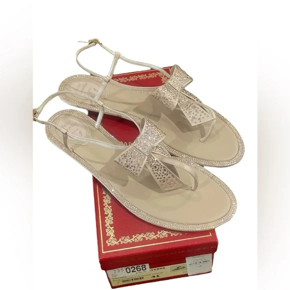 Rene Caovilla Nude Flat Rhinestone Bow Sandals Size 11B Wedding Formal Casual - Picture 2 of 9